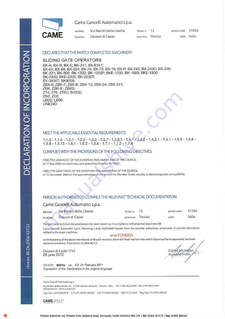 CAME BK 800 Installation Manual Download Page 3