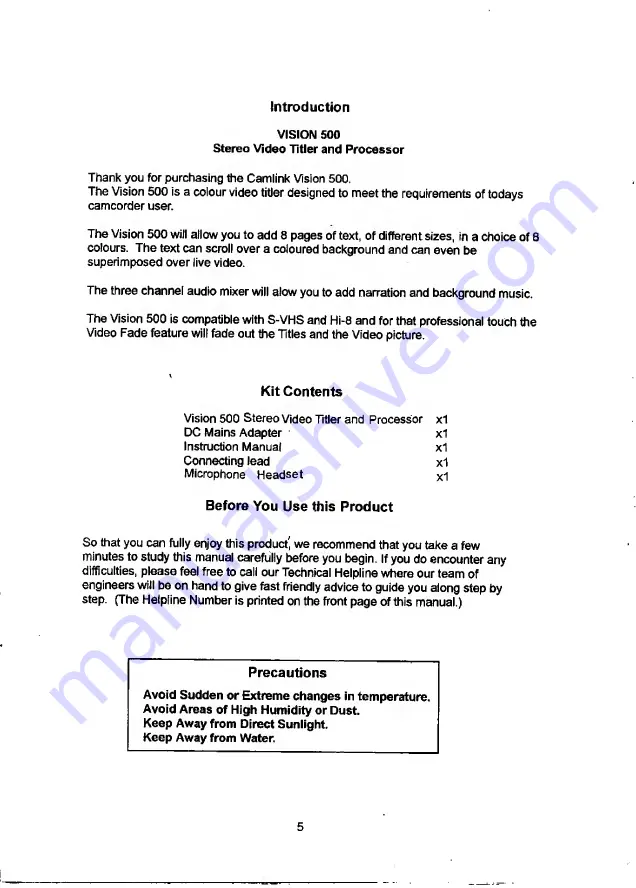 Camlink VISION 500 Instruction Manual Download Page 5