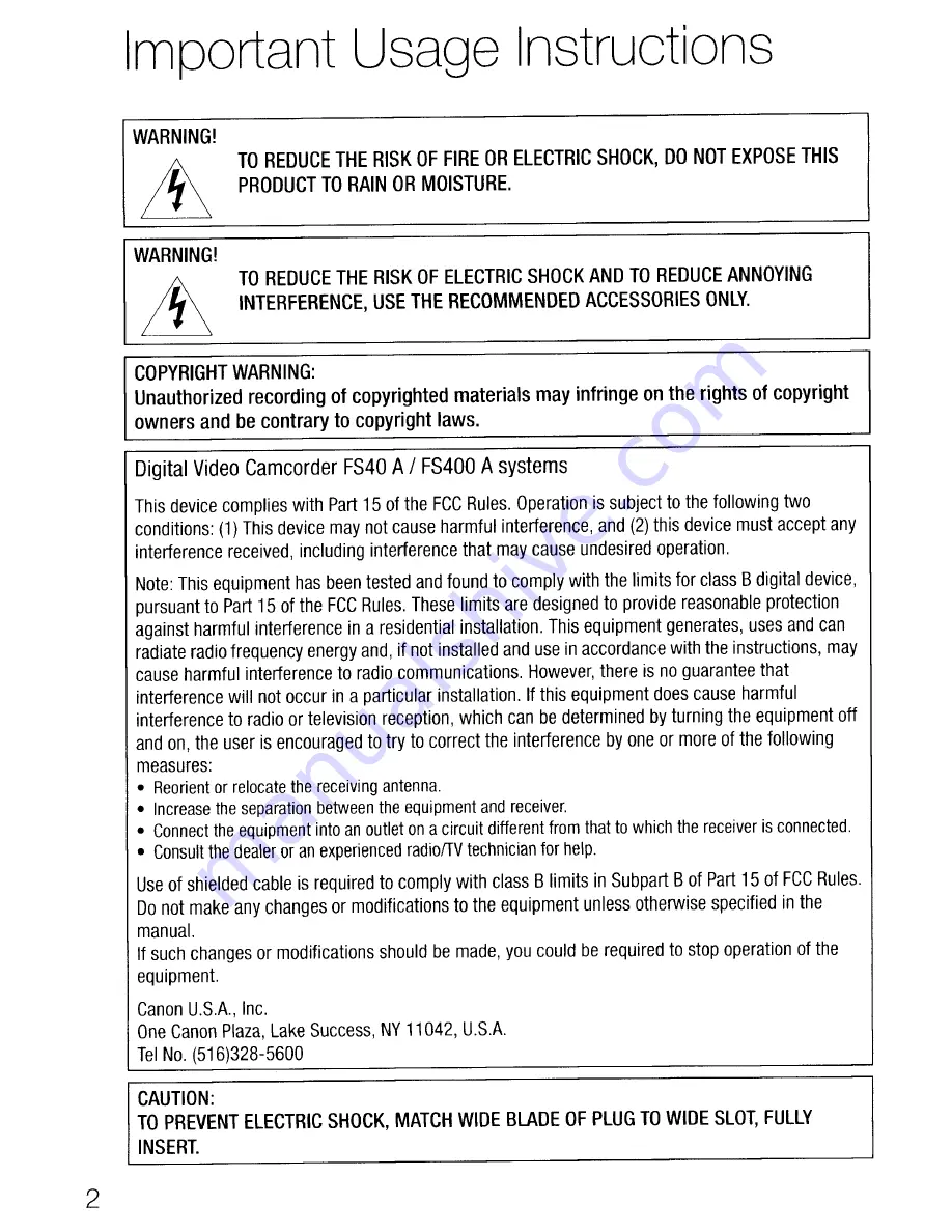 Canon FS400 Quick Manual Download Page 2