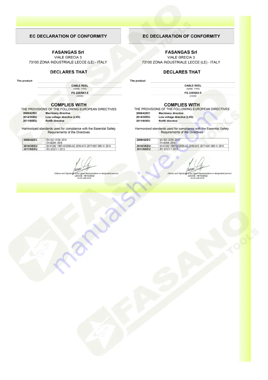 FASANO TOOLS FG 225/SK1.5 Manual Download Page 12