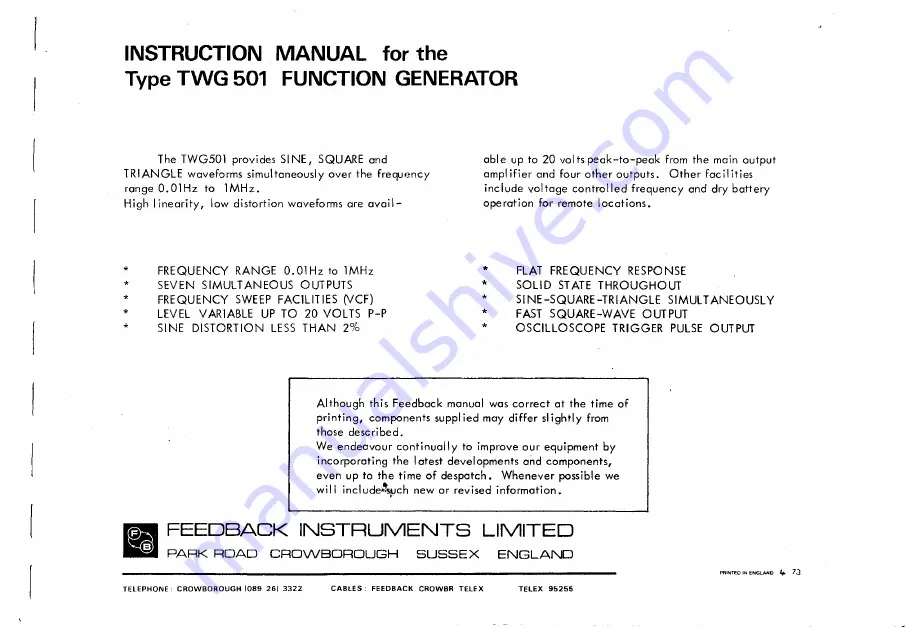 feedback TWG 501 Instruction Manual Download Page 2