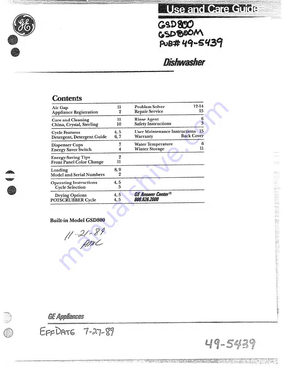 GE GSD800 Use And Care Manual Download Page 1