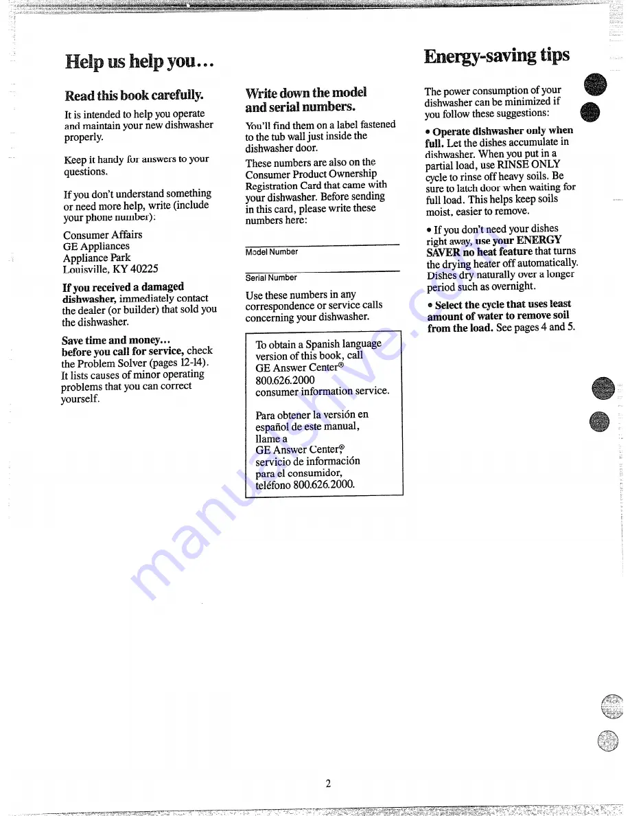 GE GSD800 Use And Care Manual Download Page 2