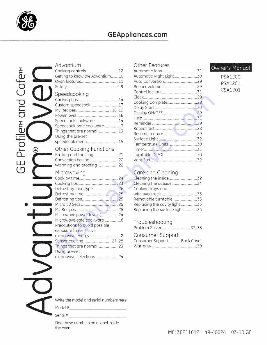 GE Profile Advantium PSA1200 Owner'S Manual Download Page 1