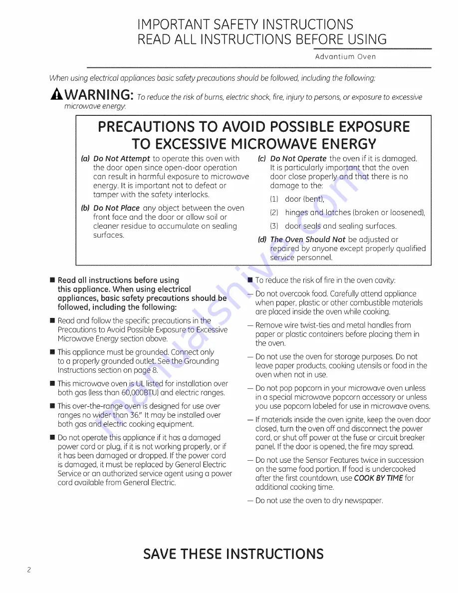 GE Profile Advantium PSA1200 Owner'S Manual Download Page 2