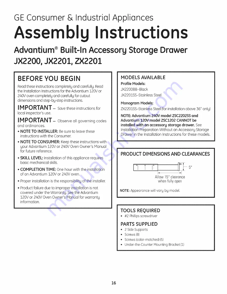 GE Profile Advantium PSB1200 Installation Instructions Manual Download Page 16