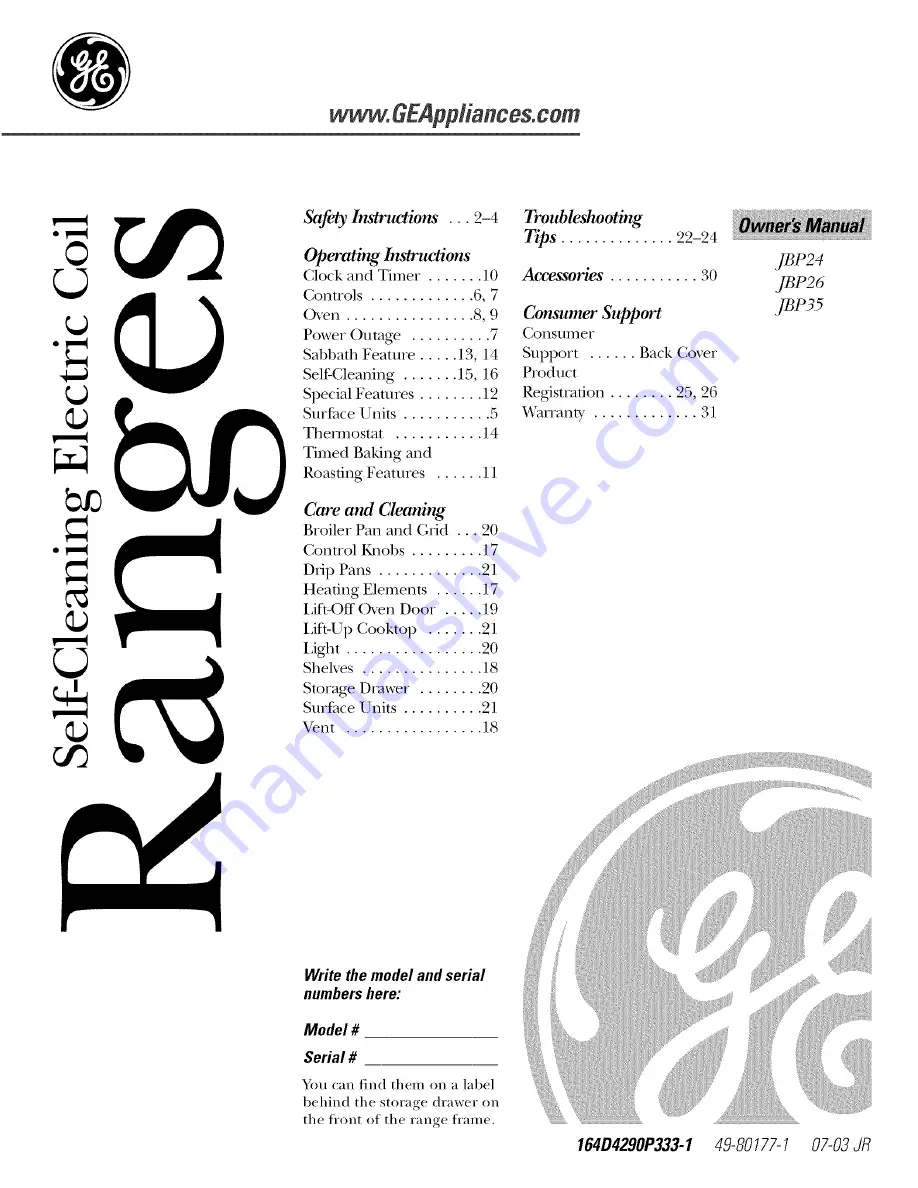 GE Range Owner'S Manual Download Page 1