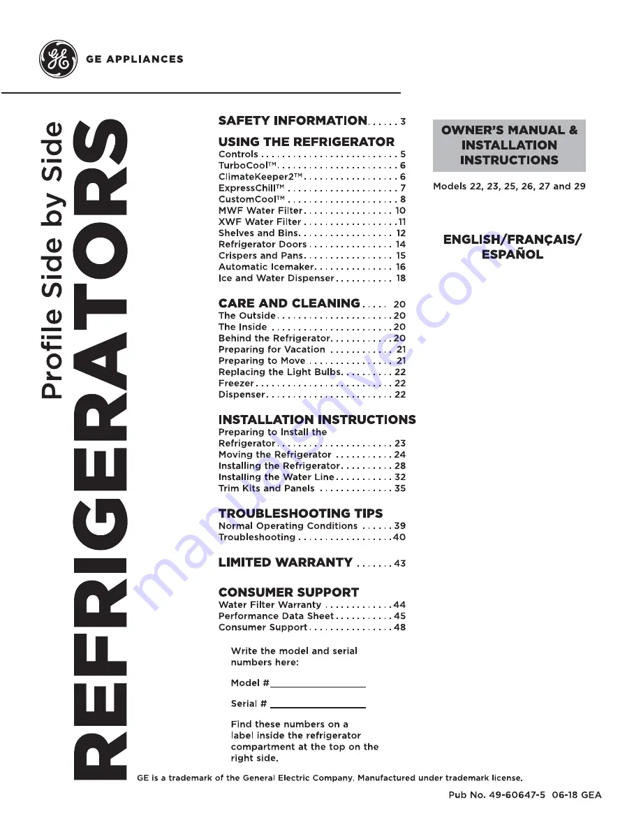 GE SIDE-BY-SIDE REFRIRATOR 22 Скачать руководство пользователя страница 1