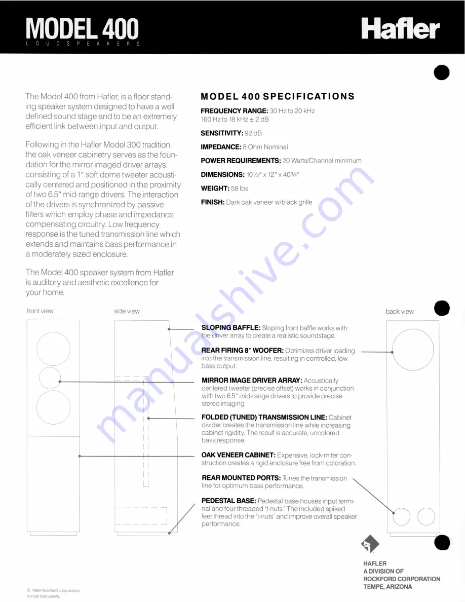 Hafler 400 Specifications Download Page 1