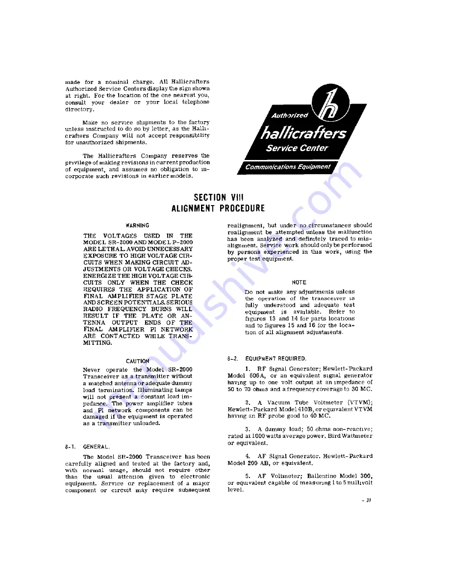 Hallicrafters SR-2000 Operating And Service Instructions Download Page 33