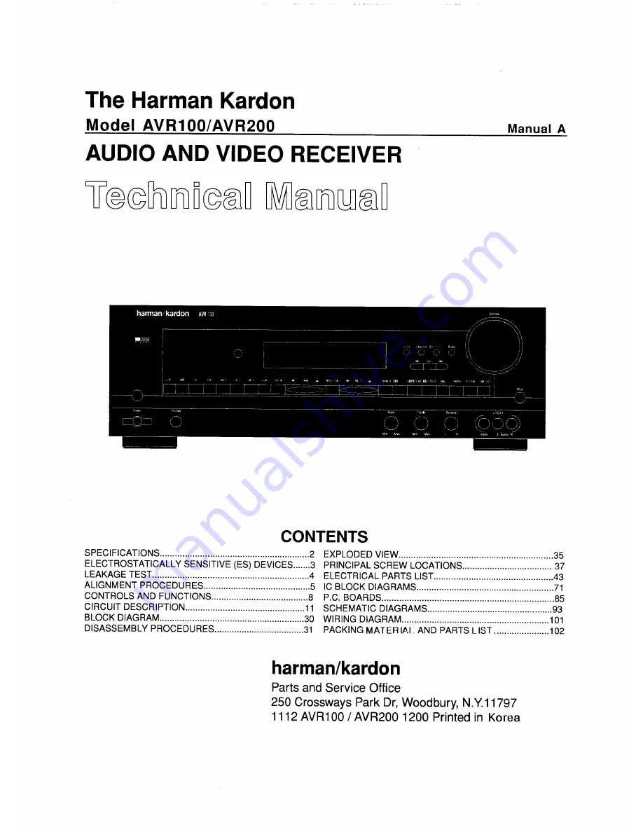 Harman Kardon AVR200 Technical Manual Download Page 1