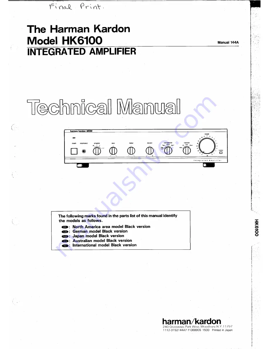 Harman Kardon HK6100 Technical Manual Download Page 1