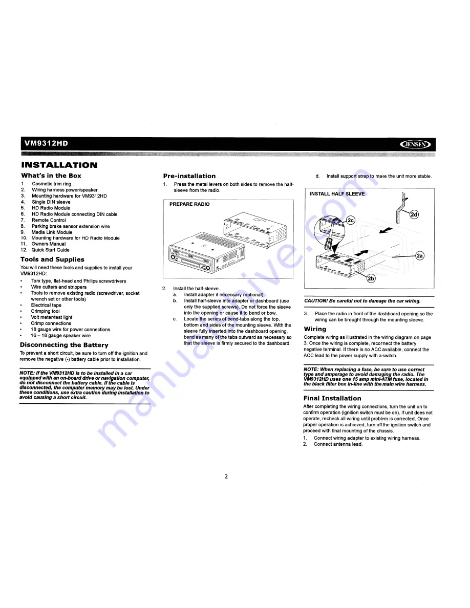 Jensen VM9312HD - DVD Player With LCD Monitor Installating And Operation Manual Download Page 4