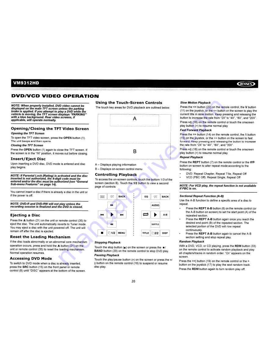 Jensen VM9312HD - DVD Player With LCD Monitor Скачать руководство пользователя страница 22