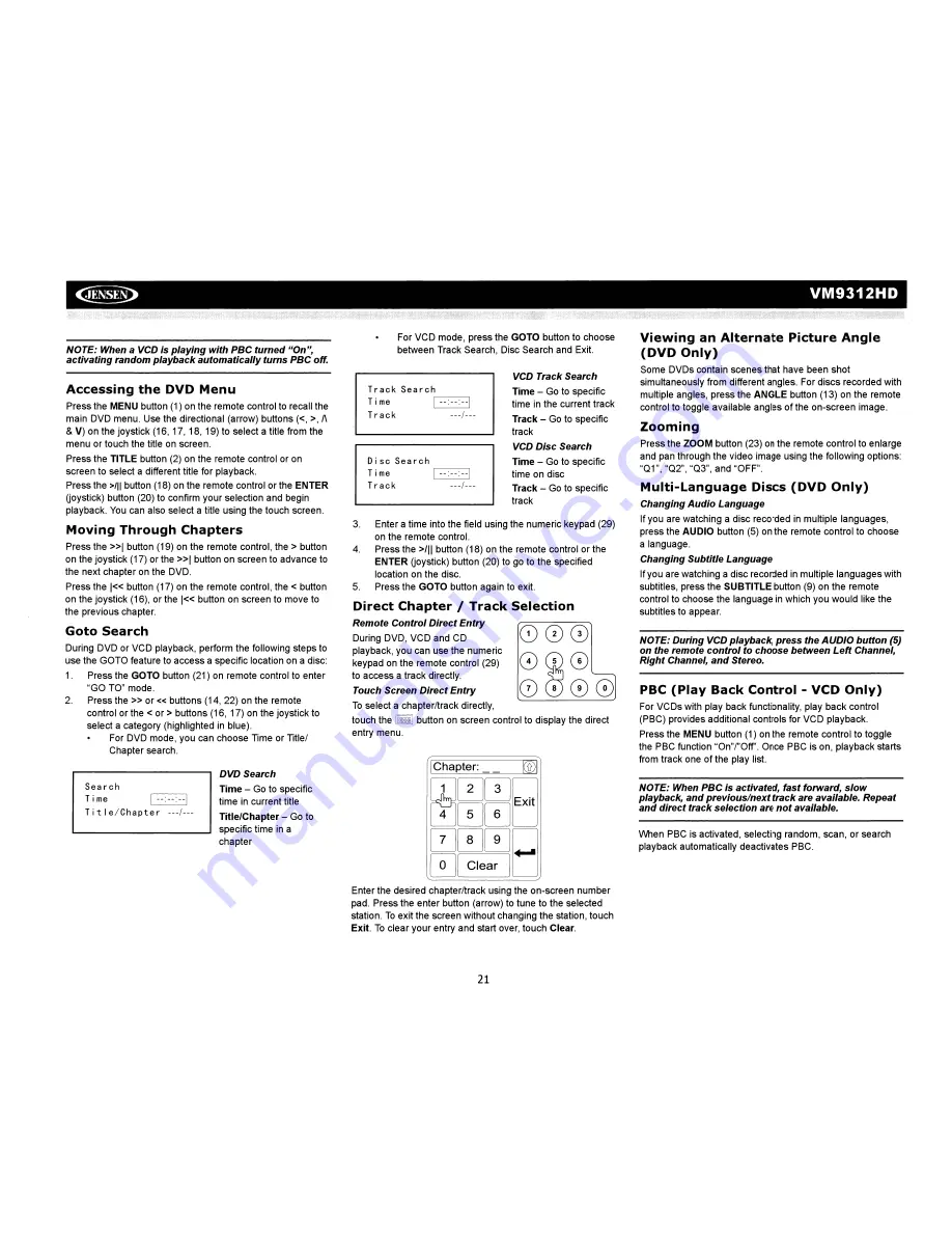 Jensen VM9312HD - DVD Player With LCD Monitor Installating And Operation Manual Download Page 23