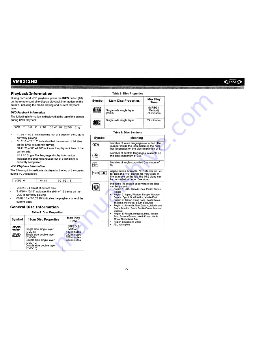 Jensen VM9312HD - DVD Player With LCD Monitor Installating And Operation Manual Download Page 24