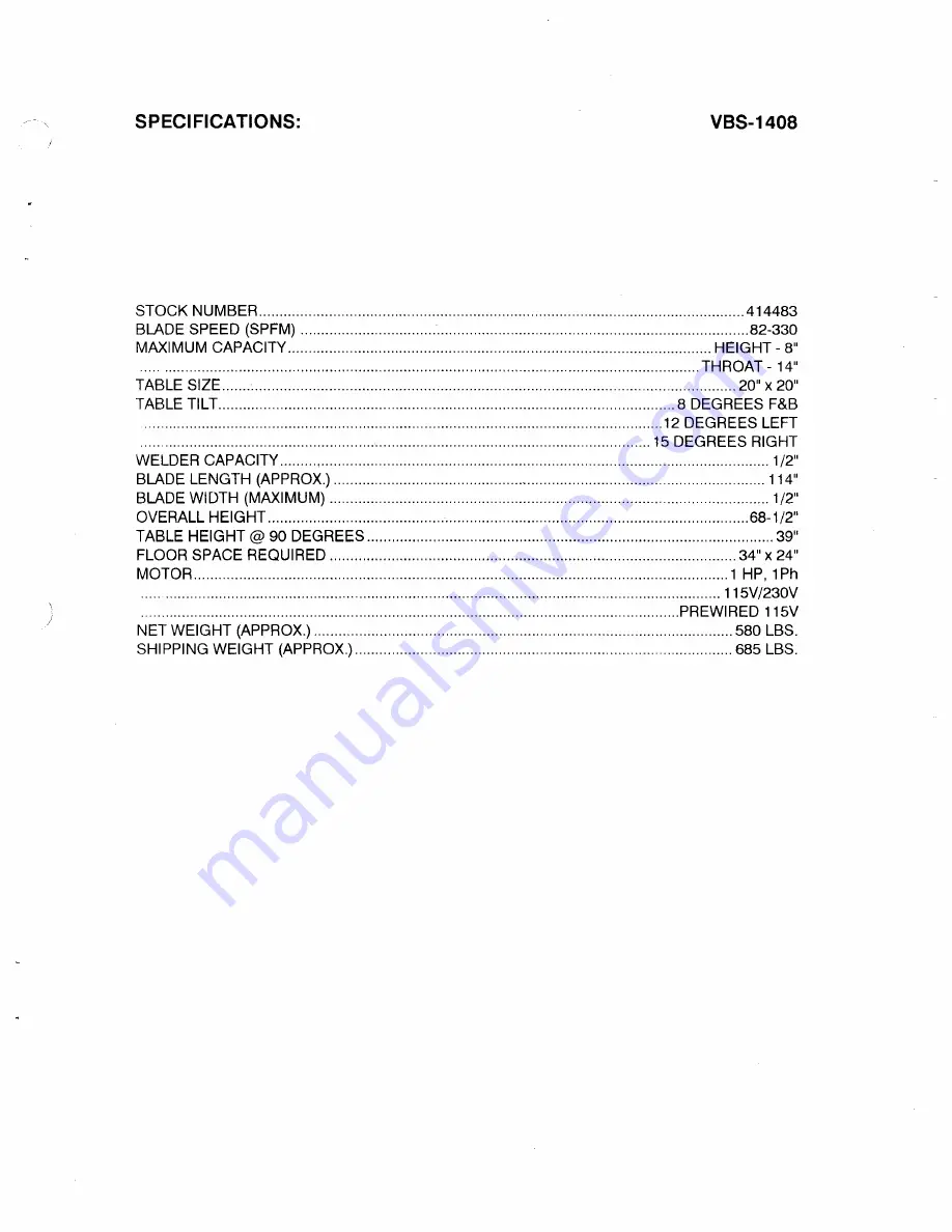 Jet EQUIPMENT & TOOLS VBS-1408 Operator'S Manual Download Page 3