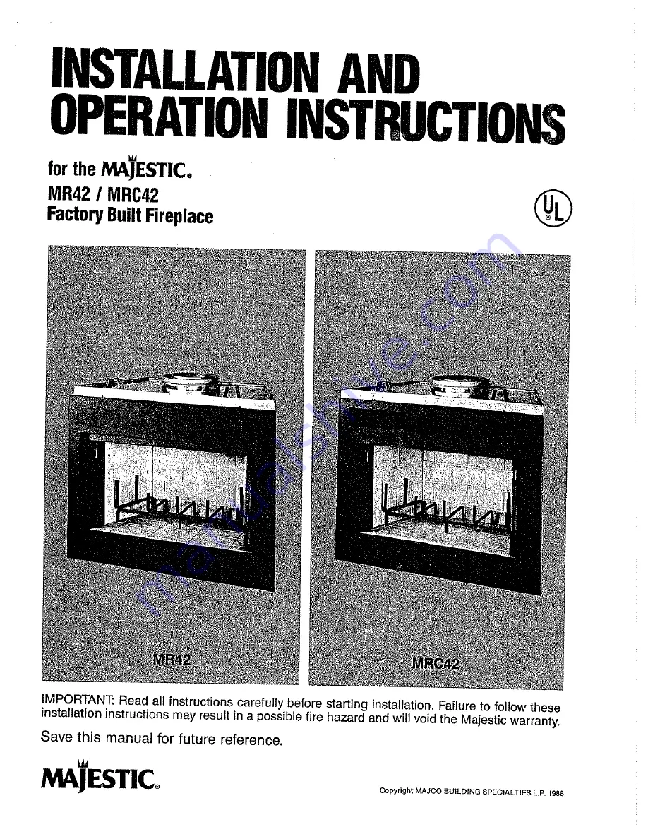 Majestic MR42 Installation And Operation Instructions Manual Download Page 1