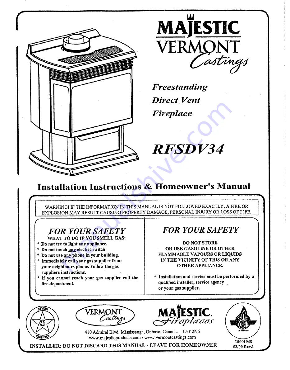 Majestic VERMONT Castings RFSDV34 Installation Instructions & Homeowner'S Manual Download Page 1