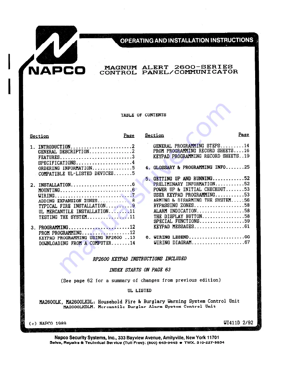 NAPCO Magnum Alert 2600 Operating & Installation Instructions Manual Download Page 1