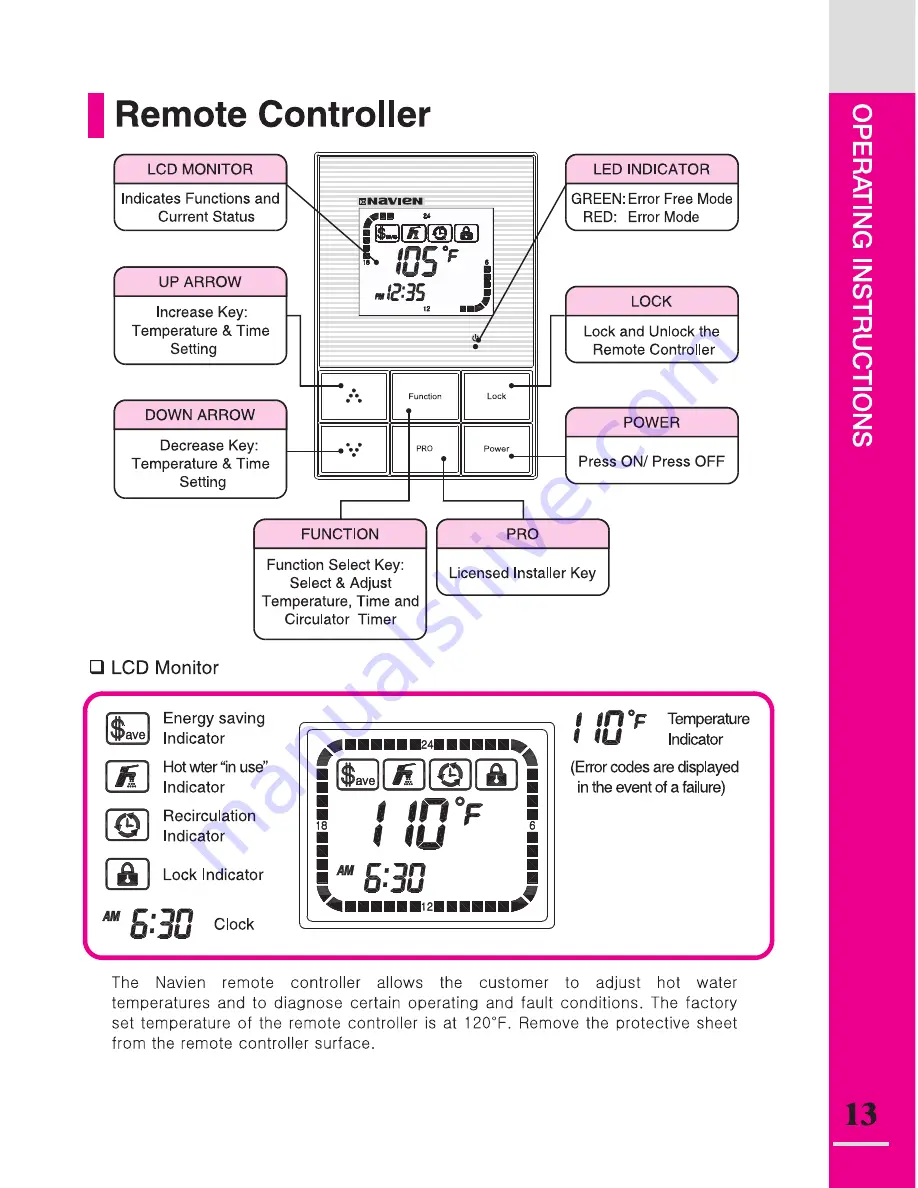 Navien CR-180 Owner'S Operation Manual Download Page 13