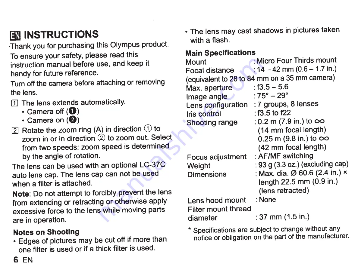 Olympus ED 14-42mm f3.5-5.66 EZ Скачать руководство пользователя страница 6