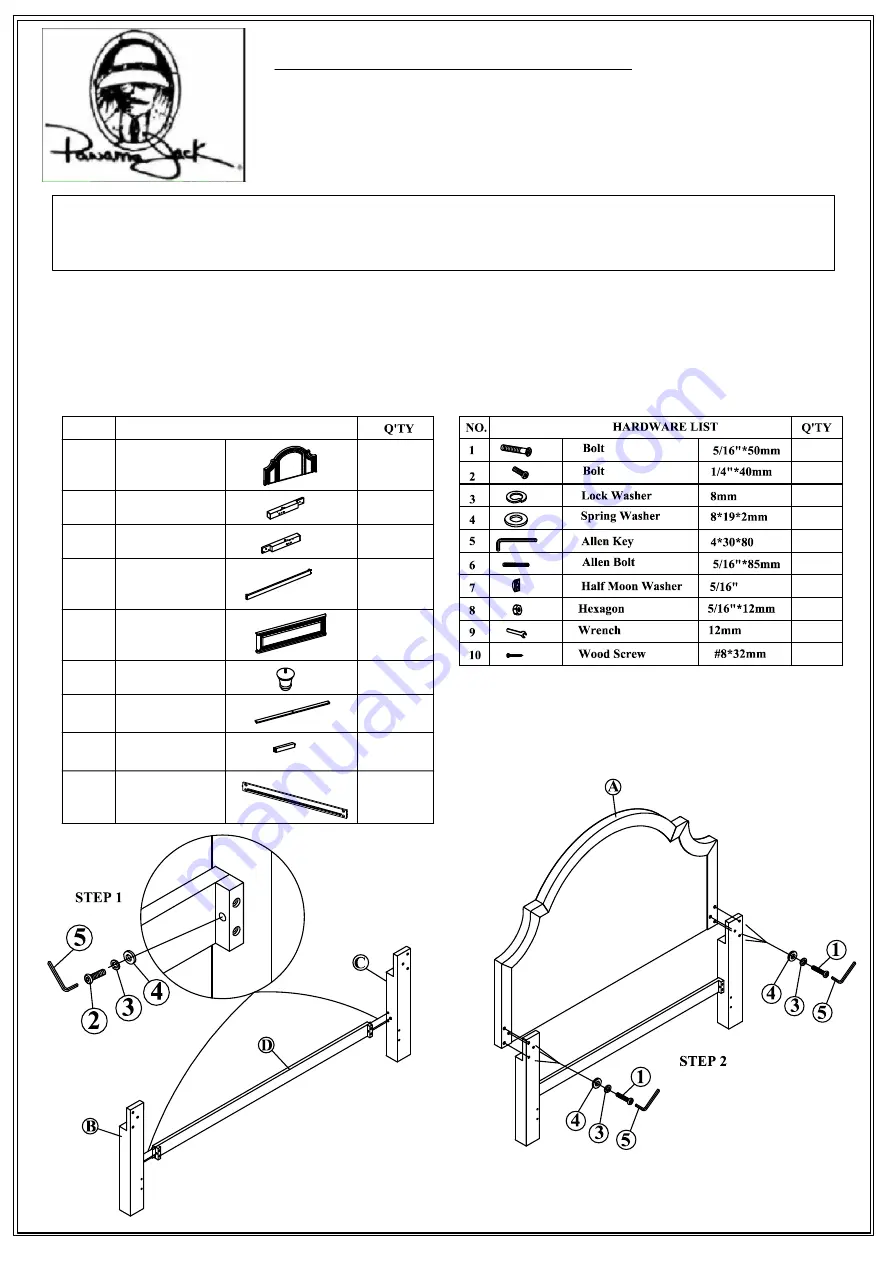 Panama Jack SONOMA QUEEN UPHOLSTERED HB 160-250 Assembly Instructions Download Page 1