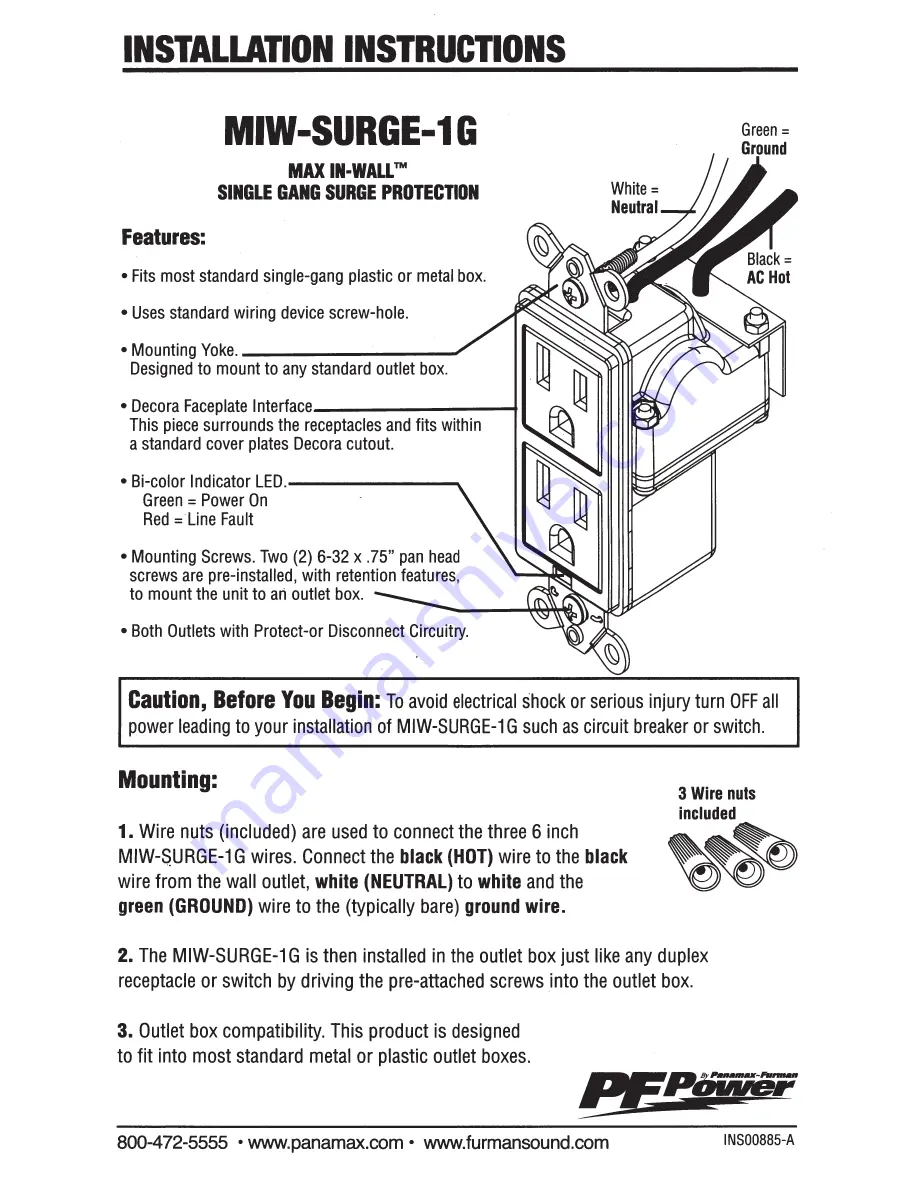 Panamax PF Power MAX IN-WALL MIW-SURGE-1 Installation Instructions Download Page 1