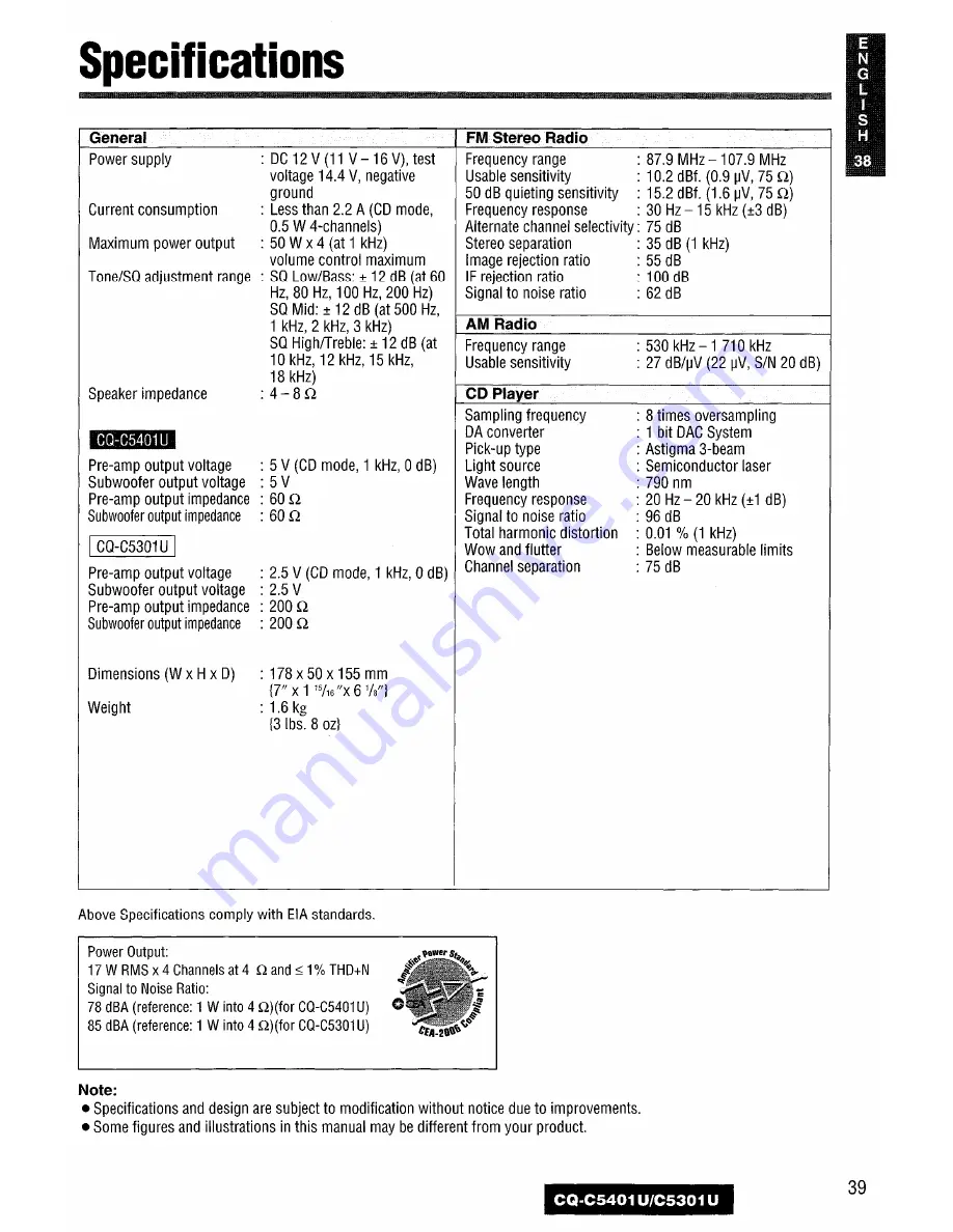 Panasonic CQ-C5401U Operating Instructions Manual Download Page 39