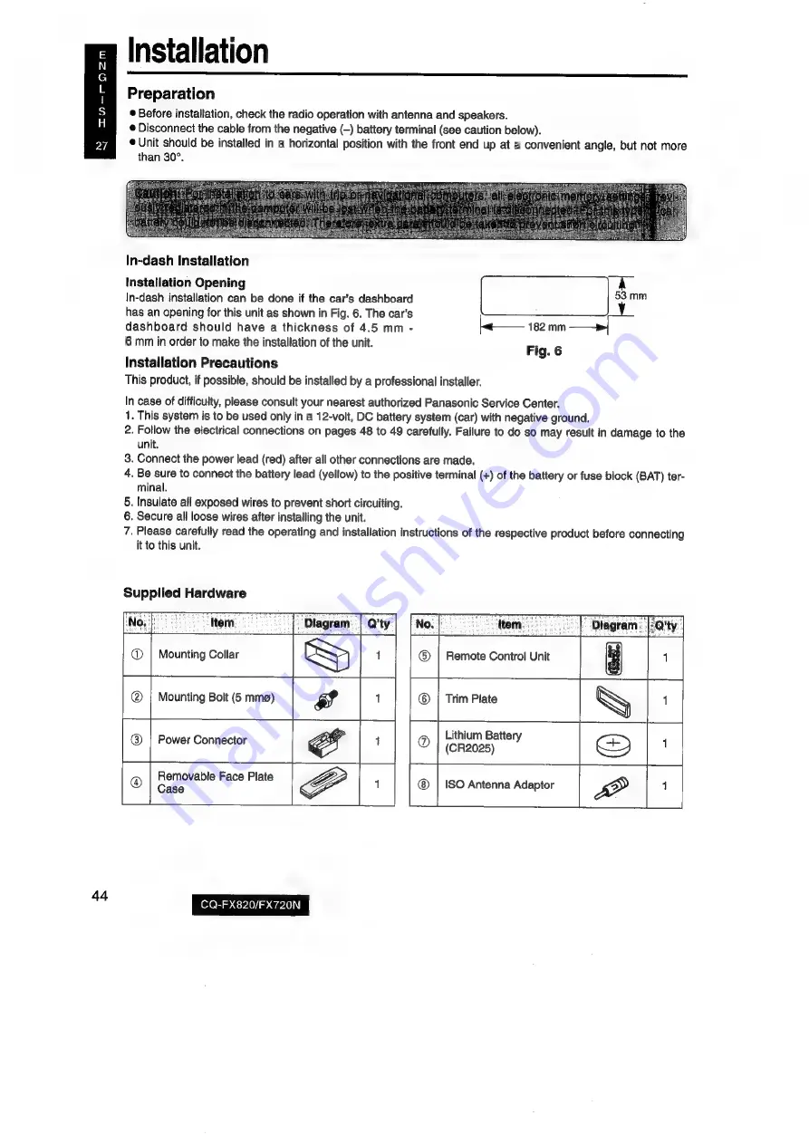 Panasonic CQ-FX820 Operating Instructions Manual Download Page 30