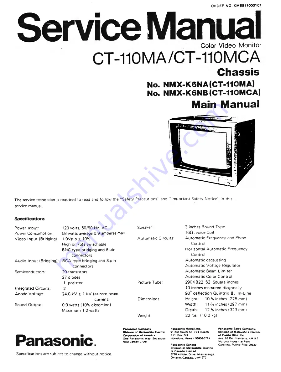 Panasonic CT-110MA Скачать руководство пользователя страница 3