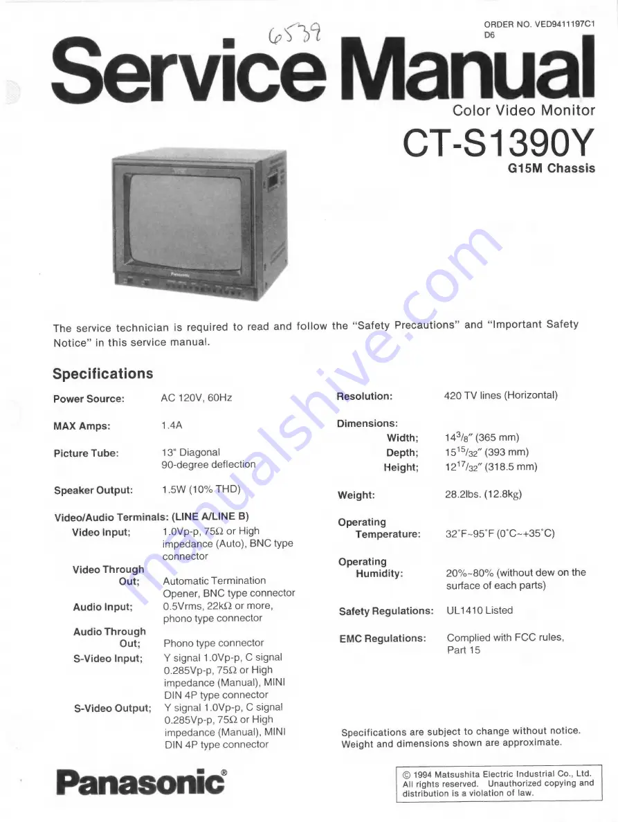 Panasonic CT-S1390Y Service Manual Download Page 1