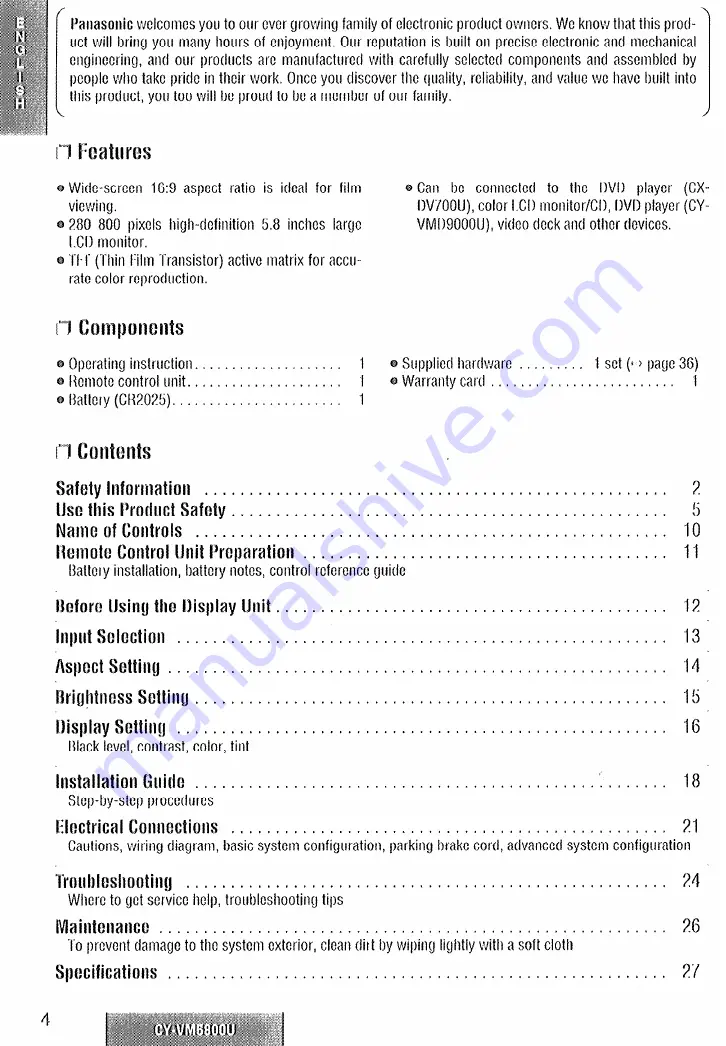 Panasonic CY-VM5899U Operating Instructions Manual Download Page 4