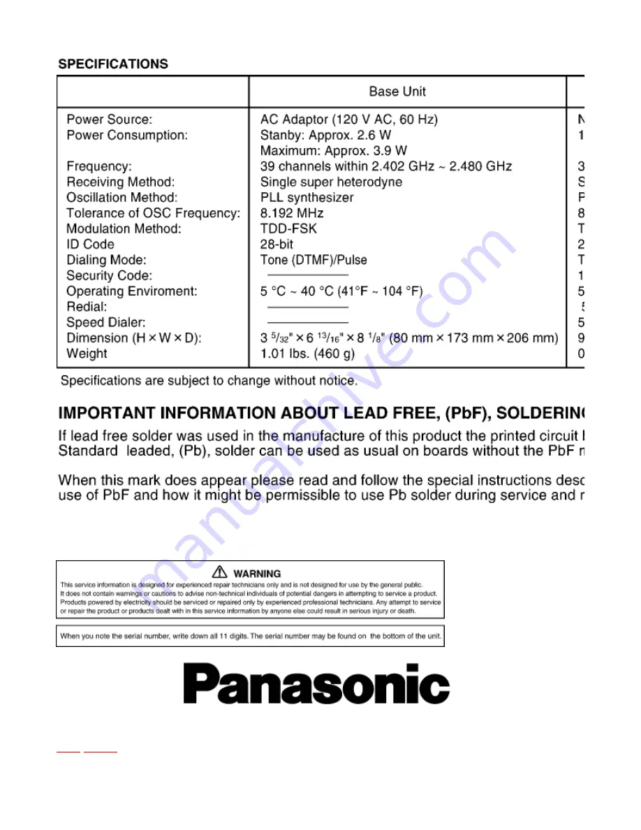 Panasonic KX-TG2248S - 2.4 GHz Digital Cordless Phone Answering... Service Manual Download Page 2