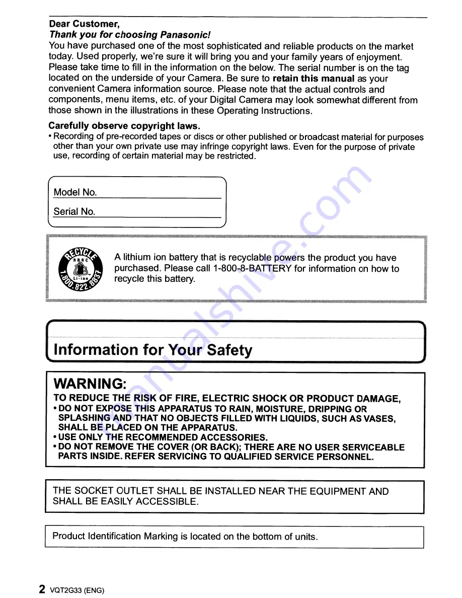 Panasonic Lumix DMC-ZR1 Operating Instructions Manual Download Page 2