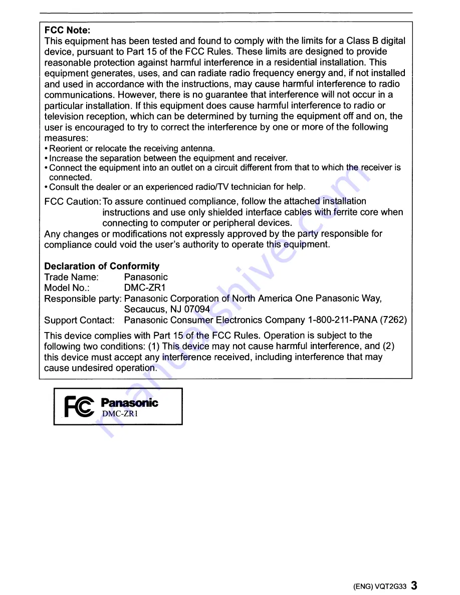 Panasonic Lumix DMC-ZR1 Operating Instructions Manual Download Page 3