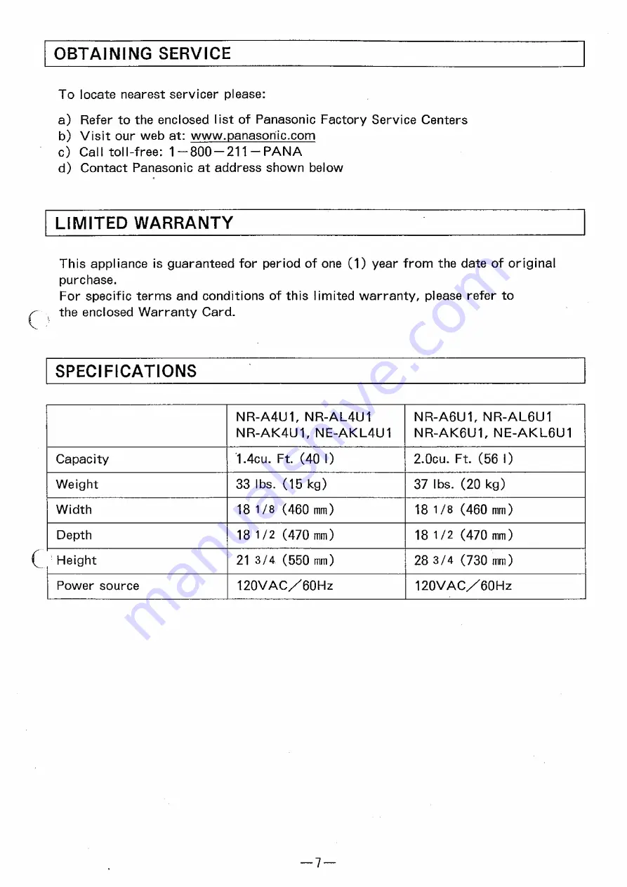 Panasonic NR-A4U1 Operating And Installation Instructions Download Page 7