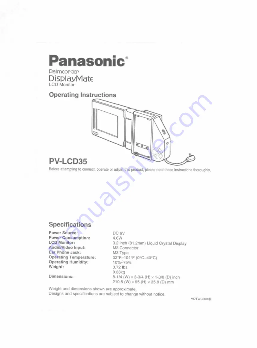 Panasonic Palmcorder DisplayMate PV-LCD35 Скачать руководство пользователя страница 1