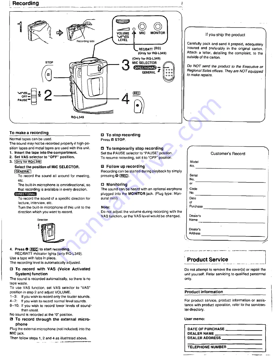 Panasonic RQ-L31 - Cassette Dictaphone Operating Instructions Manual Download Page 5