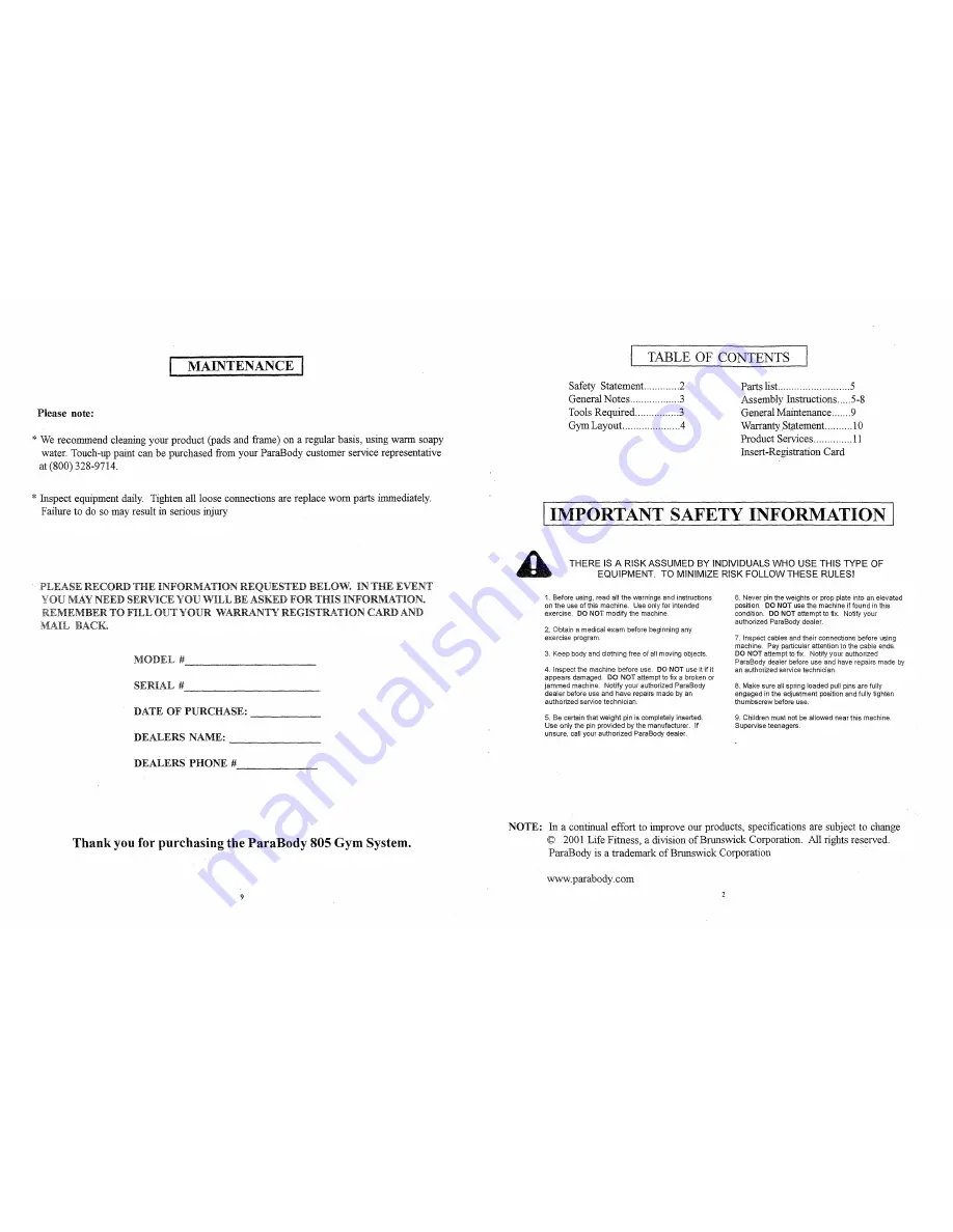 ParaBody Parabody 805 User Manual Download Page 3