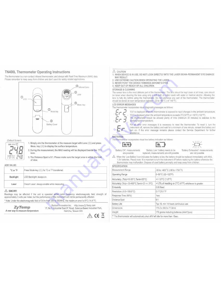 Radiant Innovation TN400L Operating Instructions Download Page 1