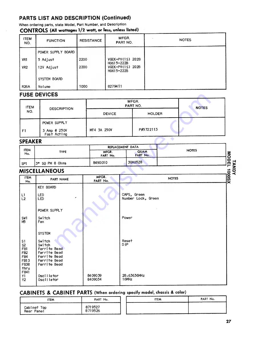 Tandy 1000SX Technical Service Data Download Page 38