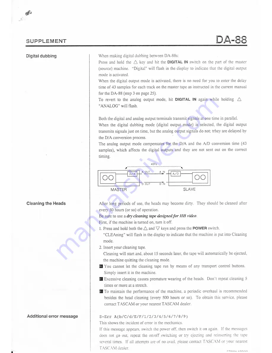 Tascam DA-88 Supplemental Sheet Download Page 1