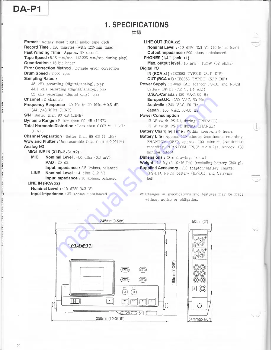 Tascam DA-P1 Скачать руководство пользователя страница 2