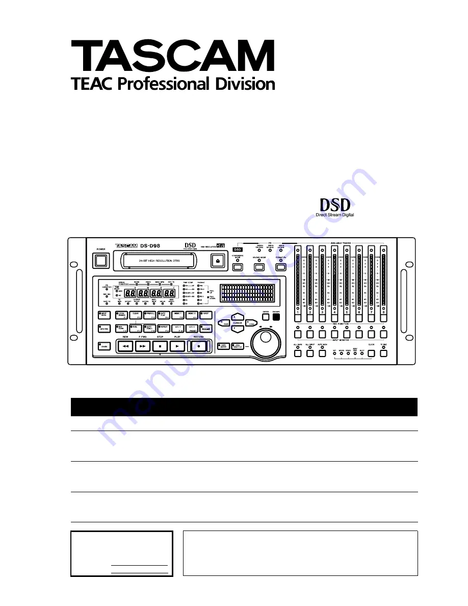 Tascam DS-D98 Owner'S Manual Download Page 1