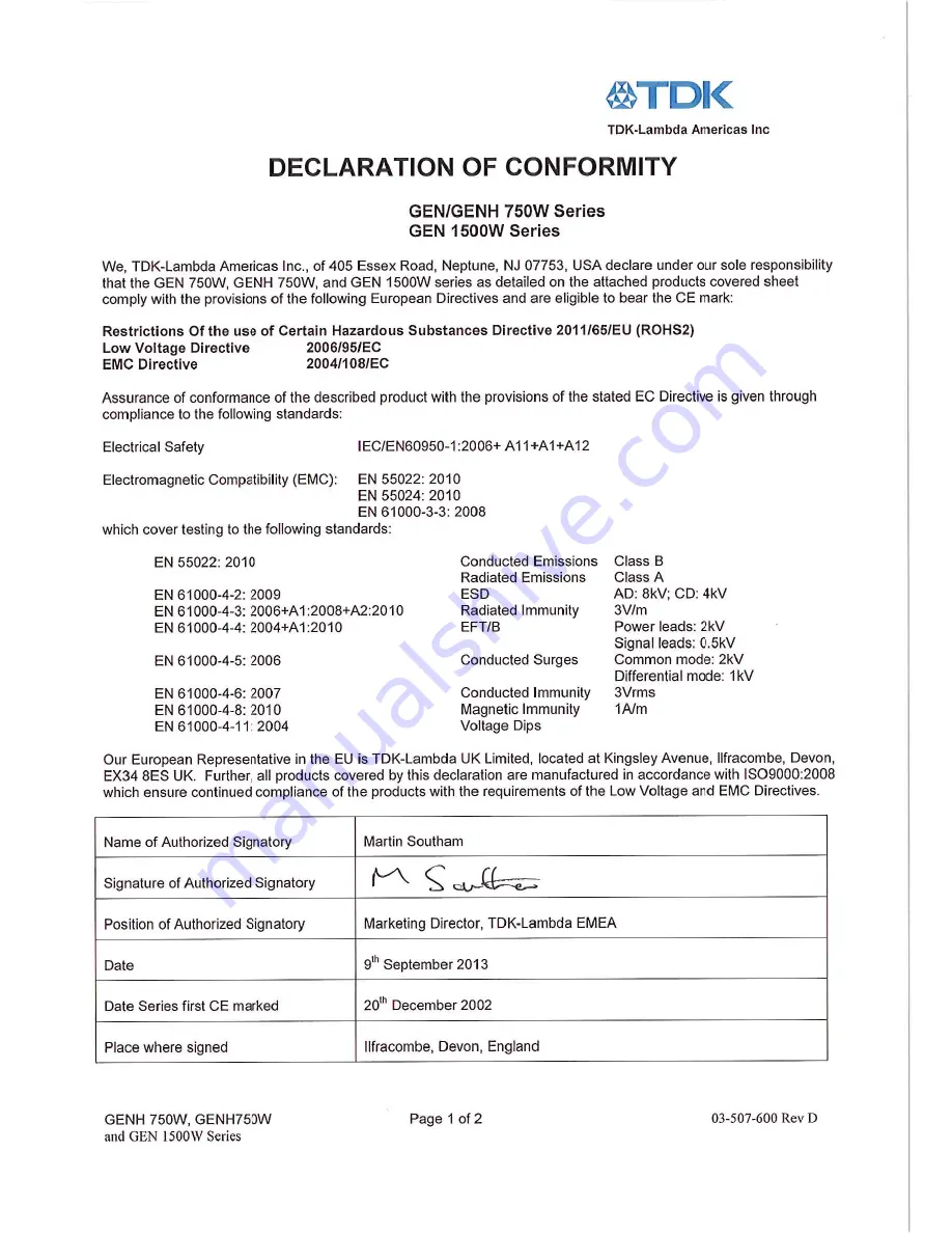 TDK-Lambda GENESYS 750W HALF RACK User Manual Download Page 2