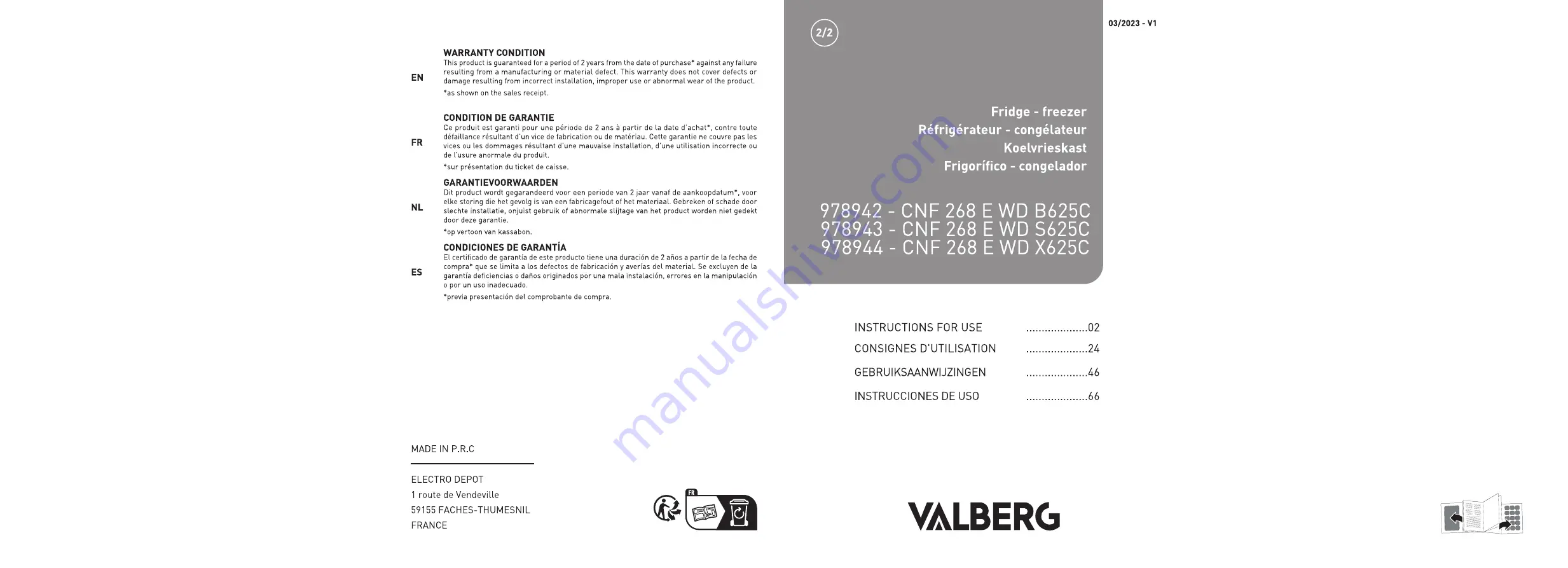 VALBERG CNF 268 E WD B625C Instructions For Use Manual Download Page 1