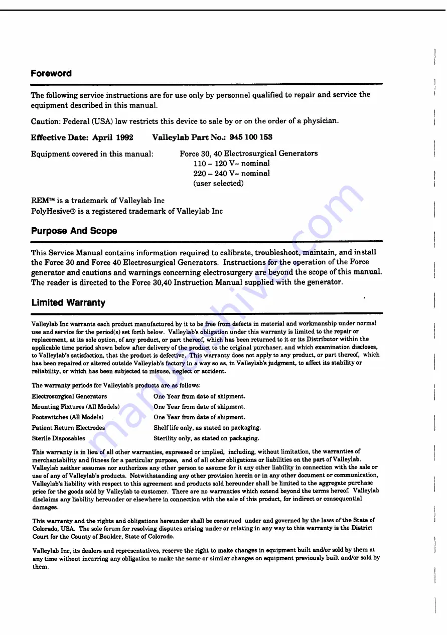 Valleylab Force 30 Service Manual Download Page 2