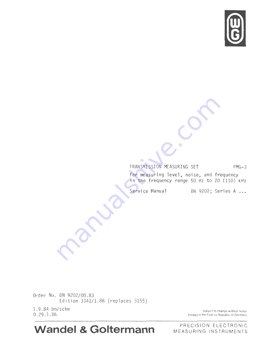 Wandel & Goltermann PMG-3 Service Manual Download Page 1