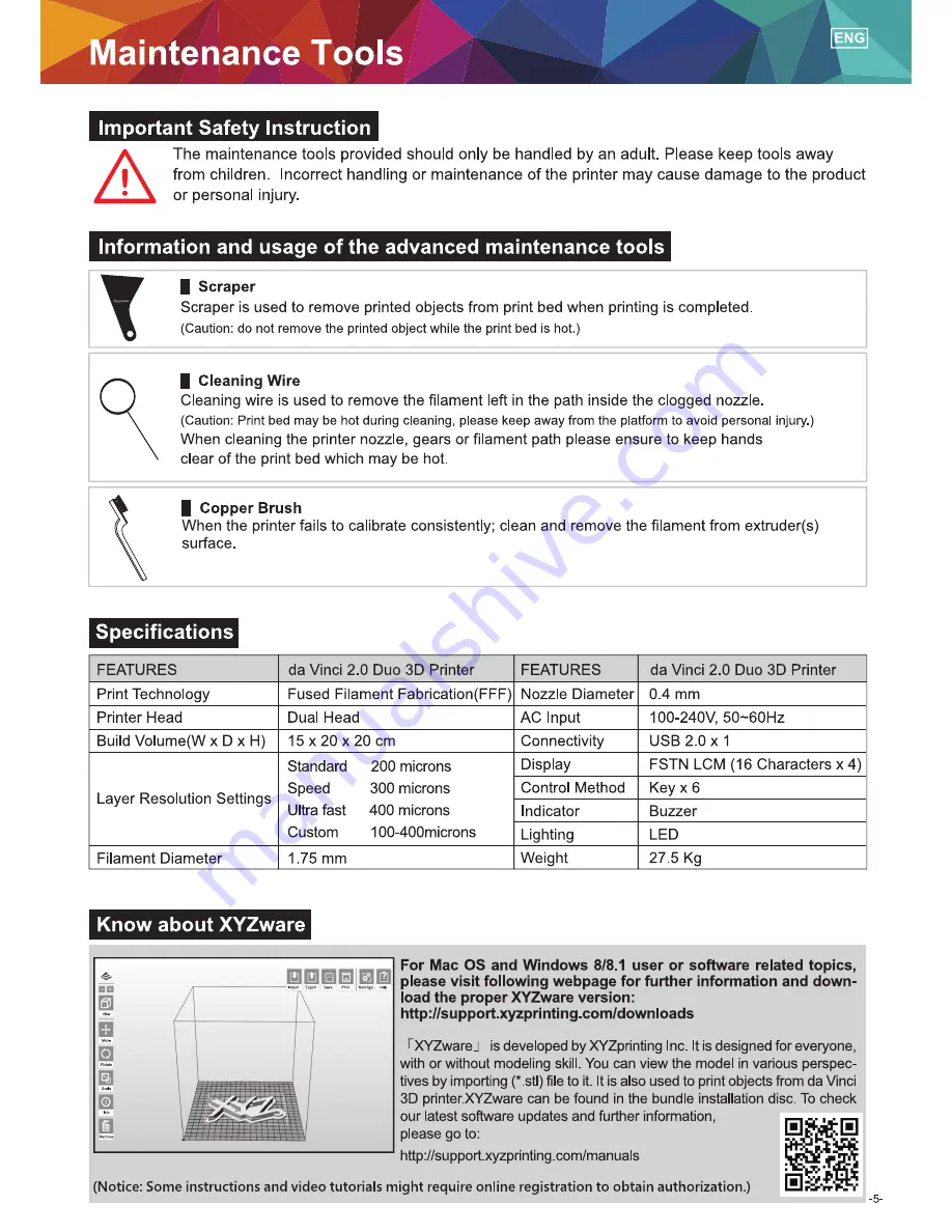 XYZ Printing da Vinci 2.0 Duo Product Manual Download Page 5